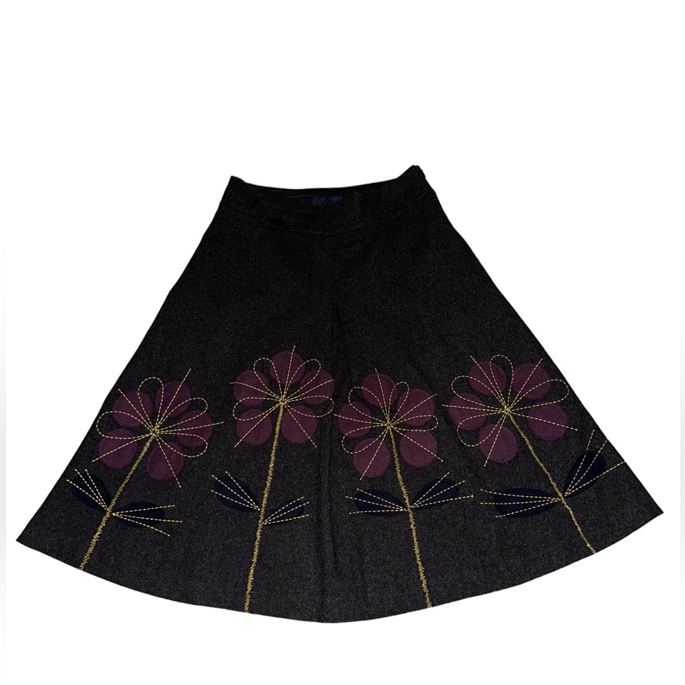 Boden Wool Skirt Womens 8R Floral Appliqué Gray Purple yellow